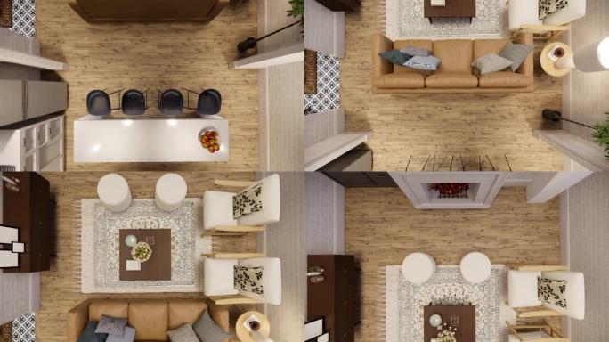 3d渲染。室内住宅带厨房的现代开放式生活空间。现代风格的复式公寓住宅。家居装饰现代经典风格室内设计。