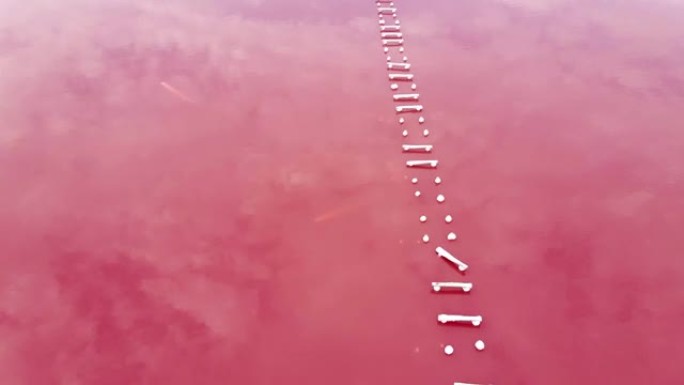 粉红湖药用粘土上的废弃码头日落时未分级，无人机景观