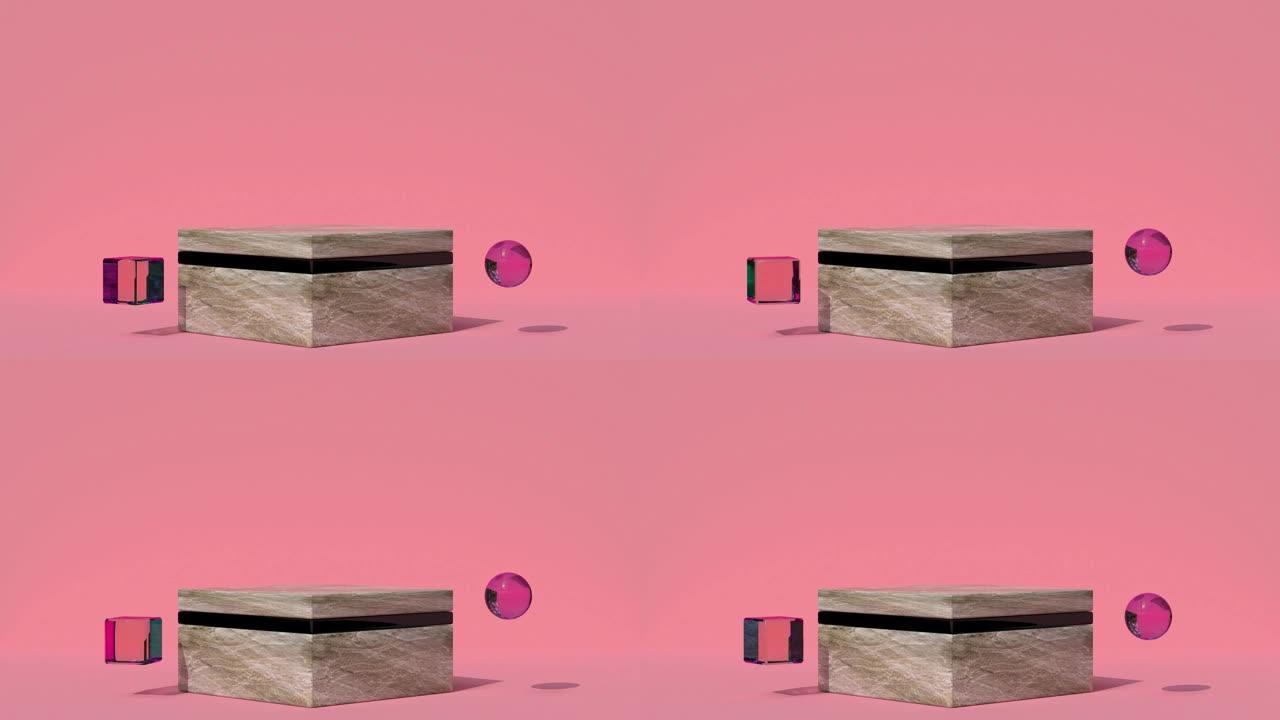 粉色方形岩石玻璃球空白舞台讲台运动3d渲染