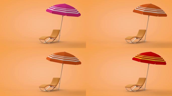 沙滩躺椅和雨伞在沙子背景，3D渲染