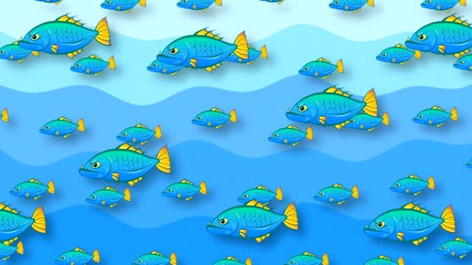 一群长着长牙的蓝色鱼在蓝色波浪的背景下游泳