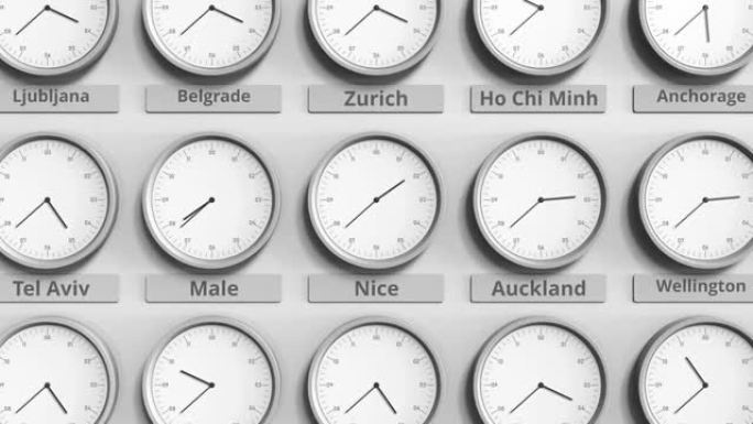 时钟显示不同时区的法国时间。3D动画