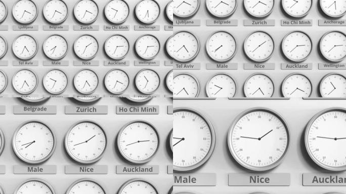 时钟显示不同时区的法国时间。3D动画