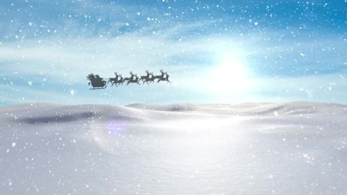 雪落在雪橇上的圣诞老人的黑色剪影上的数字动画被rei拉动