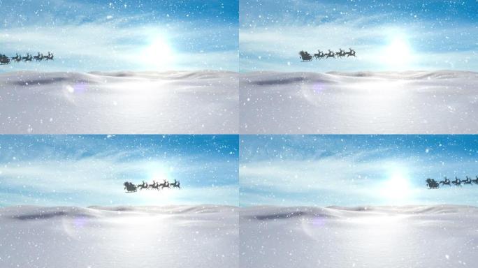 雪落在雪橇上的圣诞老人的黑色剪影上的数字动画被rei拉动
