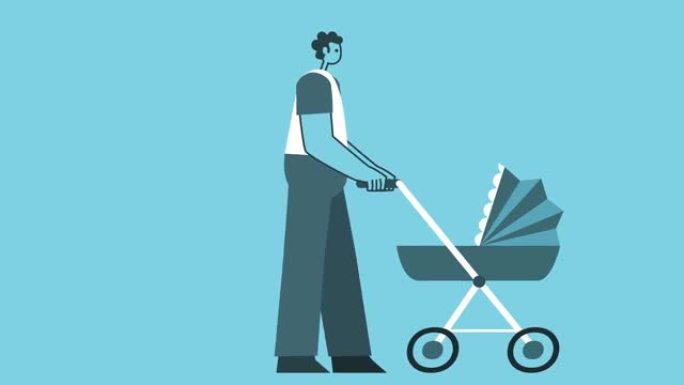 平面设计男子角色步行周期与婴儿车孤立循环2d动画。luma哑光。