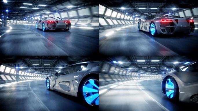 未来的汽车在科瑞多的科幻隧道快速行驶。未来的概念。逼真的4k动画。