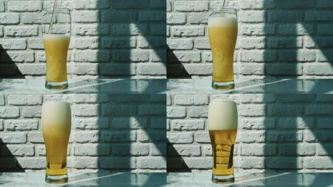 将新鲜啤酒倒入白色砖墙背景上的玻璃杯中，将淡啤酒倒入白色表面上的玻璃杯中