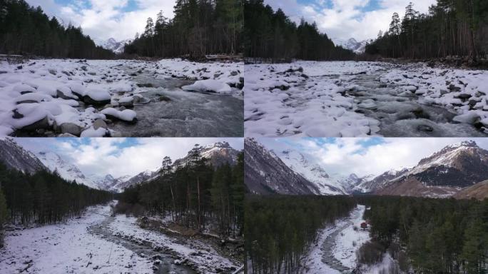 在Cheget山谷的冬季山河上空飞行