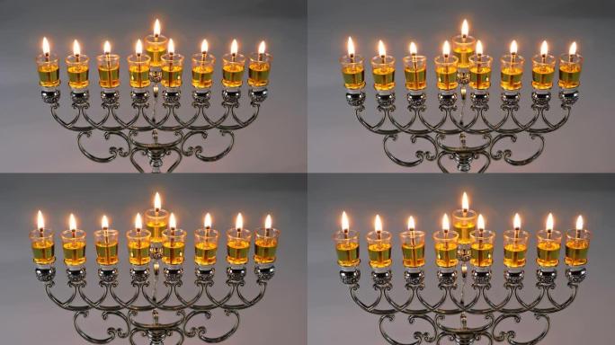 光明节犹太节日希伯来语烛台的传统符号，带有燃烧的蜡烛