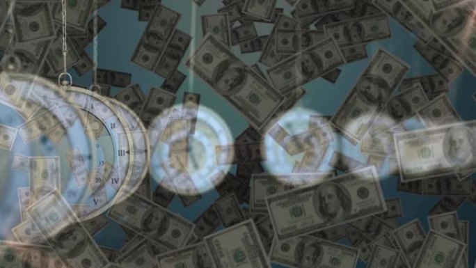 多个悬挂时钟在蓝色背景上滴答作响的数字动画