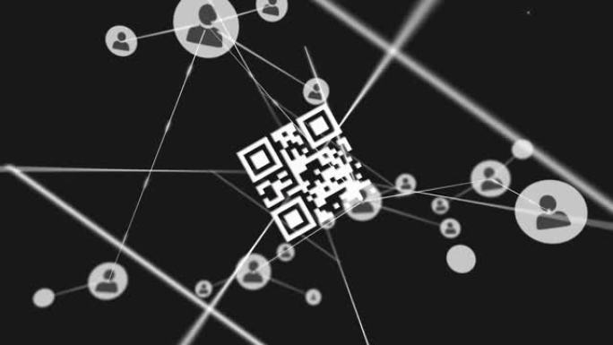与圆圈和社交图标连接的网络上的QR码动画