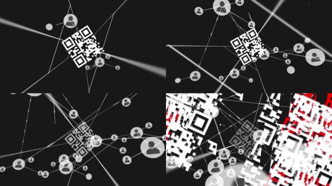 与圆圈和社交图标连接的网络上的QR码动画