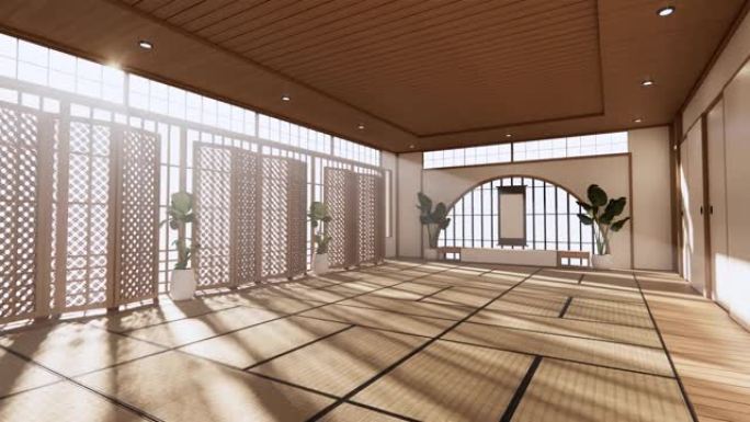 日式房间的设计宽敞，自然色调明亮。3D渲染