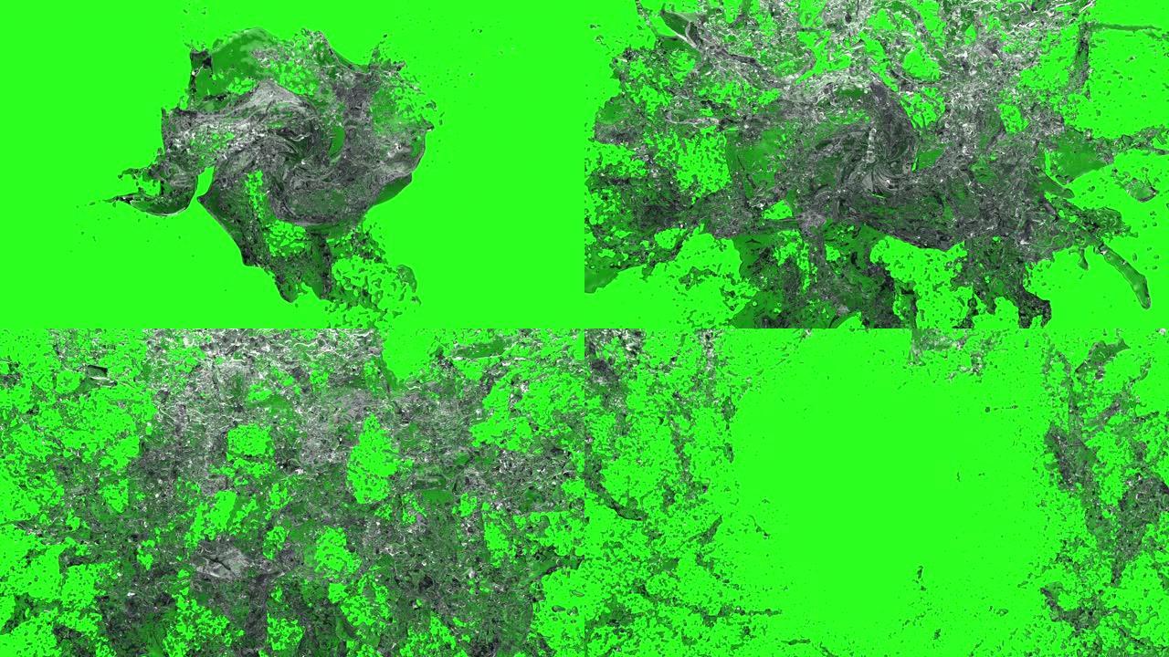 绿屏上慢动作的水爆旋转，VFX视频元素