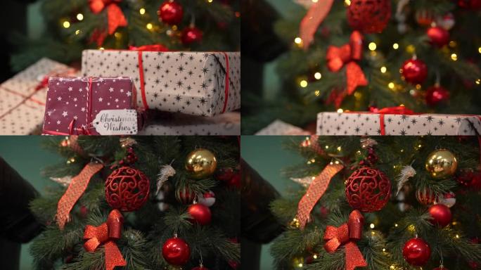 漂亮的礼品盒位于圣诞树附近，上面装饰着发光的花环和球。带礼品盒的新年背景。庆祝圣诞节。节日气氛。特写