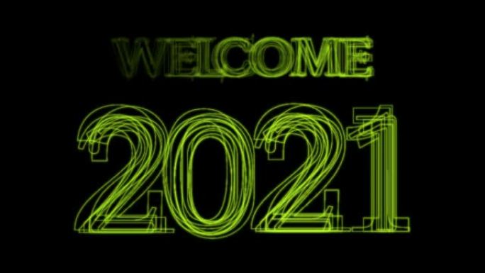 欢迎2021新年快乐，黑色背景上的霓虹灯。2D动画。循环镜头4k