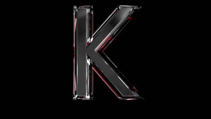 实心玻璃字体或字母红色轮廓和移动反射，用于在珠宝或宝石概念视频中组成的单词-黑色背景上孤立的字母K，