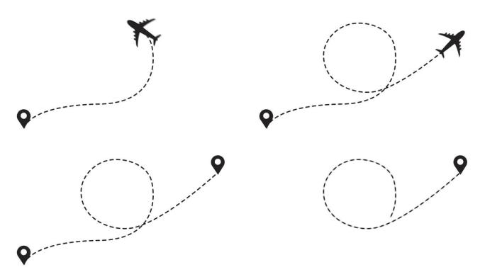 飞机线路路径动画。飞机飞行和带点路线的运动。旅行，行程虚线轨迹，平面路线。