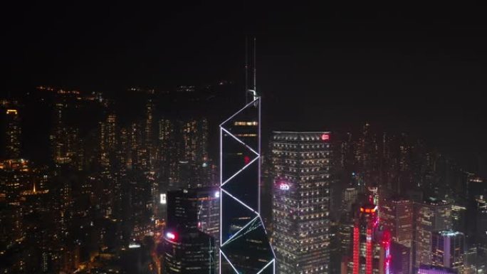 夜间照明香港市区空中全景4k