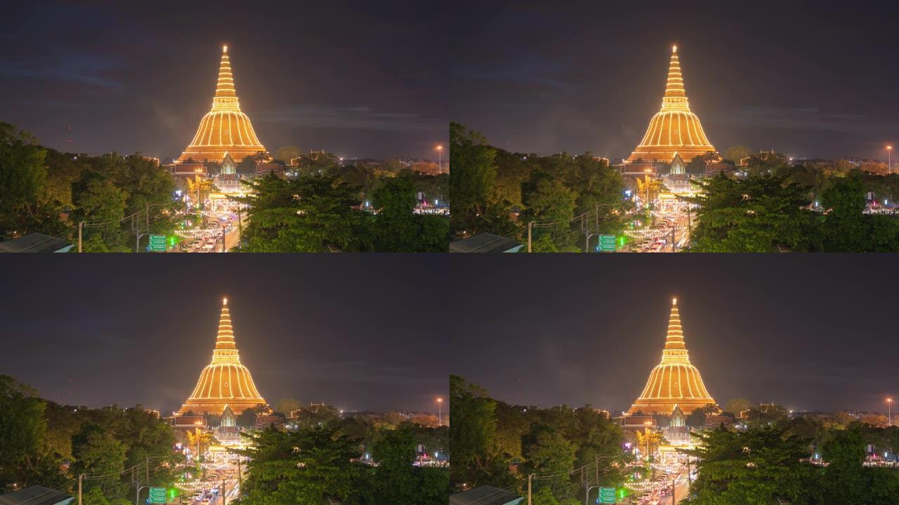 泰国曼谷市附近那空普通的Phra Pathom Chedi佛塔寺的鸟瞰图。旅游景点。泰国地标建筑。晚