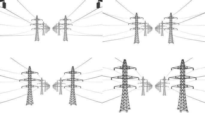 白色背景上的电力线和塔架