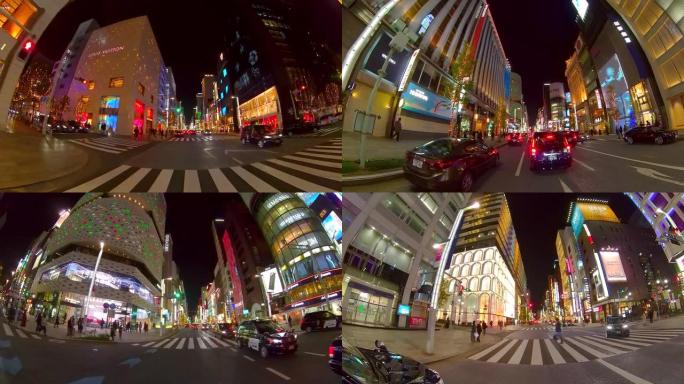 夜间驾驶银座街，日本东京。时间流逝