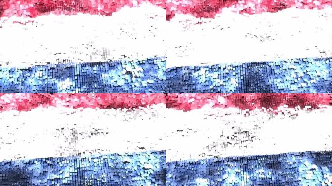 非常明亮的60FPS的现代荷兰旗帜在闪耀的像素红，蓝，白波动-抽象3d无缝循环动画超高清4k
