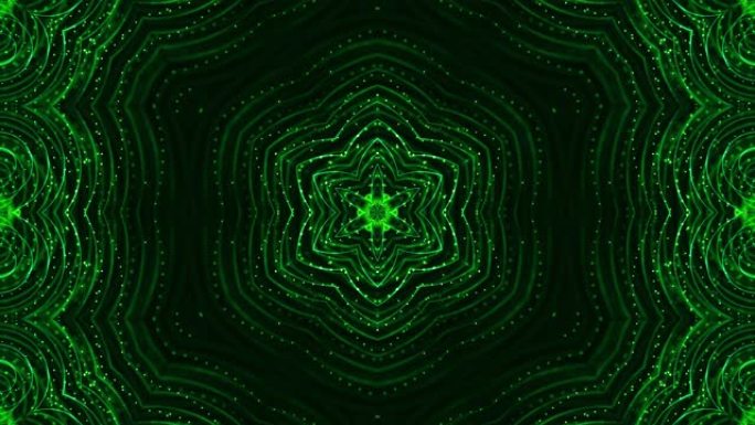 辉光绿色粒子形成线条、表面、星型图案、万花筒结构。4k循环科幻3d背景，具有运动中的抽象对称点结构。