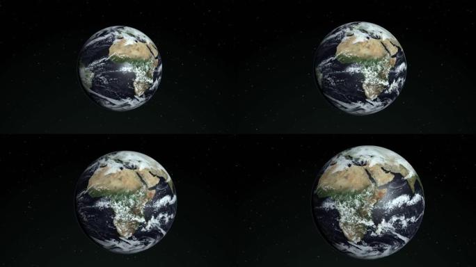 照片逼真的3D地球。来自太空的地球。从太空看到的地球动画，地球在太空背景上的卫星视图上旋转