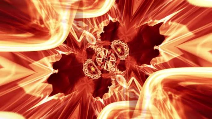 抽象催眠火万花筒模式。4k无缝循环混沌几何动画背景。抽象闪亮循环幻想火融合波图案设计背景的动画。