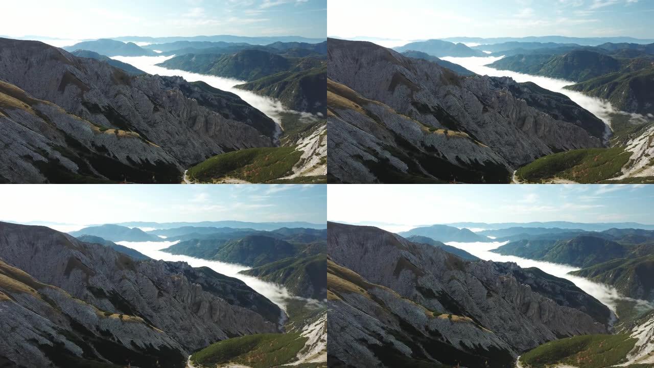 奥地利Hochschwab地区斜坡的自上而下拍摄。山坡上长满了茂密的石松。上部陡峭而锋利。明亮的一天