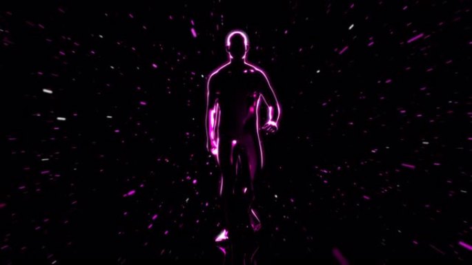 黑色背景上粒子中的紫色3D抽象数字行走人的前视图