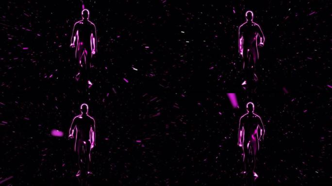 黑色背景上粒子中的紫色3D抽象数字行走人的前视图