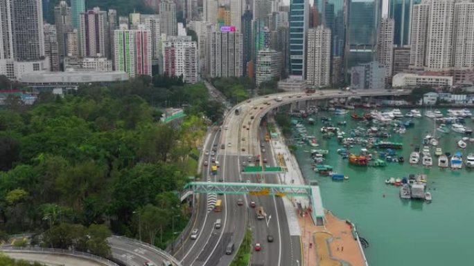 香港4k日间城市市中心交通路海湾码头空中全景