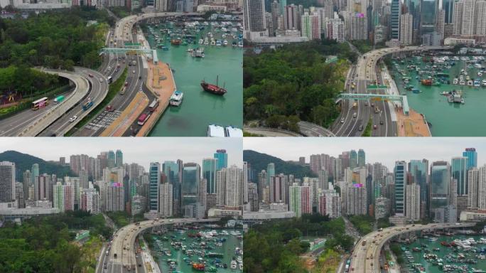 香港4k日间城市市中心交通路海湾码头空中全景