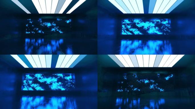 未来主义房间里随机发光的蓝色球体的抽象云。概念技术业务构成。3d动画