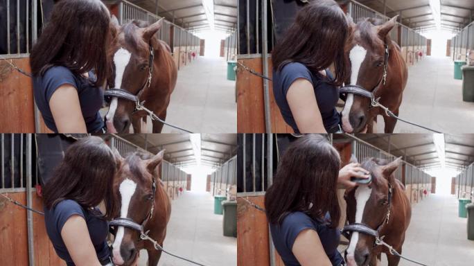 一名年轻成年女子在马厩里抚摸马时的慢动作视频