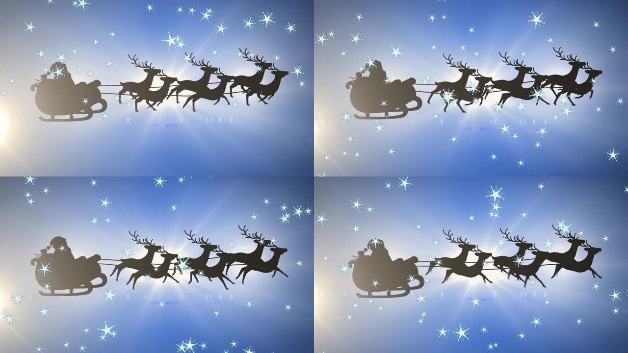 多颗星星落在圣诞老人的黑色剪影上的数字动画
