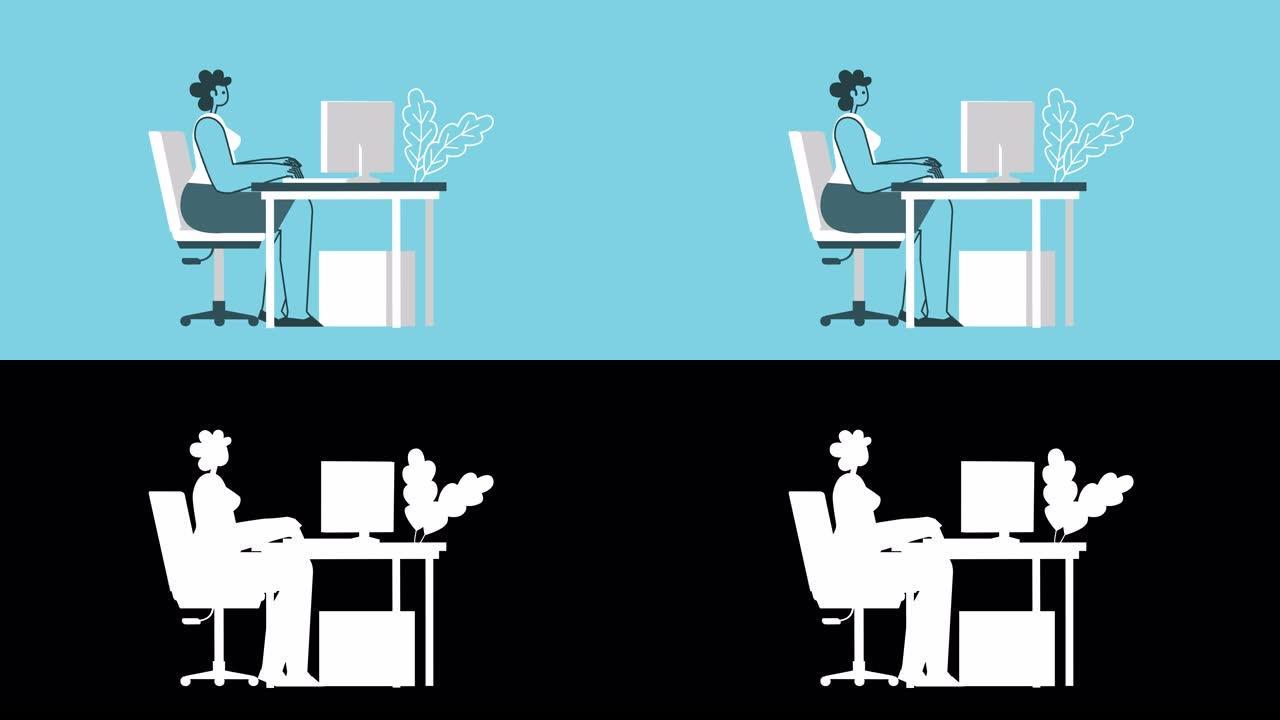 平面平面设计大胆的女性卡通人物作品来自个人电脑工作场所孤立循环2d动画