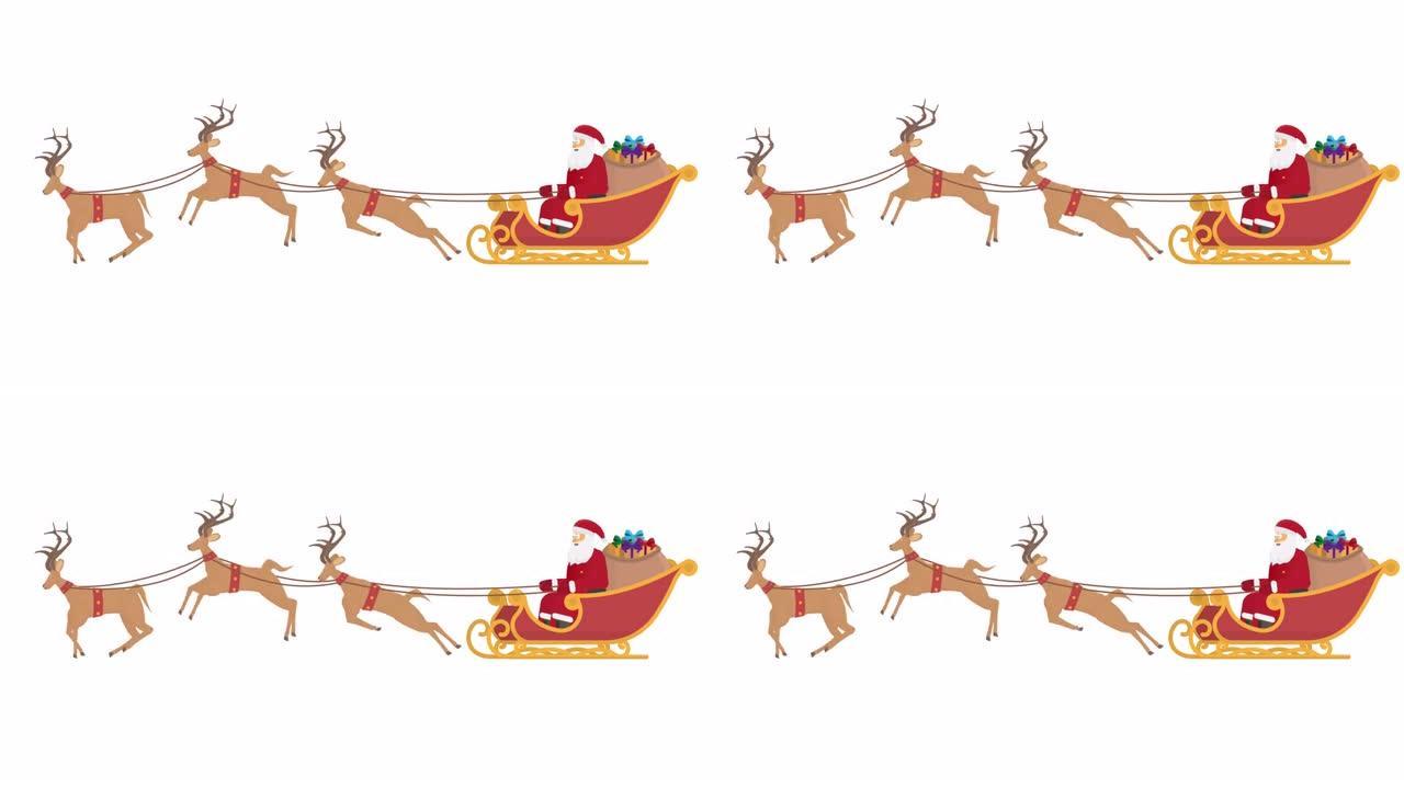 驯鹿圣诞雪橇。带礼物的圣诞老人动画。卡通
