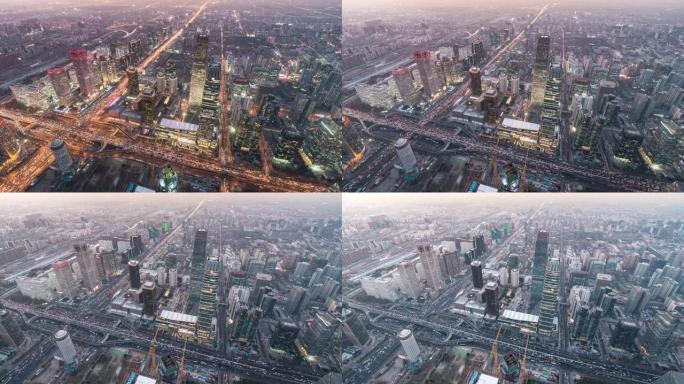 北京地标的鸟瞰图，日出时交通拥挤的摩天大楼，中国。延时。