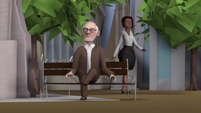 3d动画，卡通，城市街道的场景，坐在长凳上的祖父