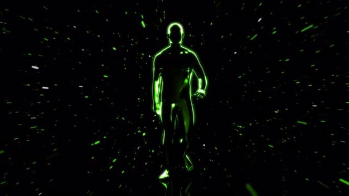 黑色背景上粒子中的绿色3D抽象数字行走人的前视图
