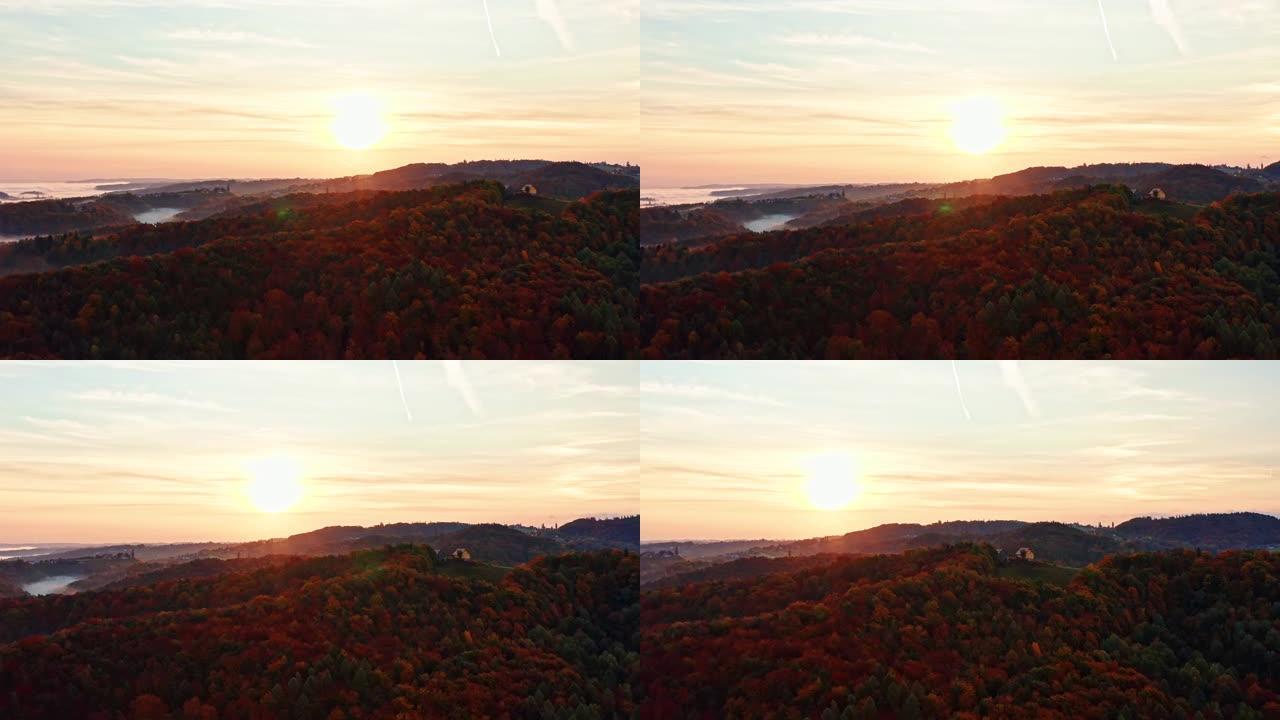 从埃克伯格葡萄酒之路出发，在施蒂里亚州南部色彩缤纷的秋山上的电影天线。