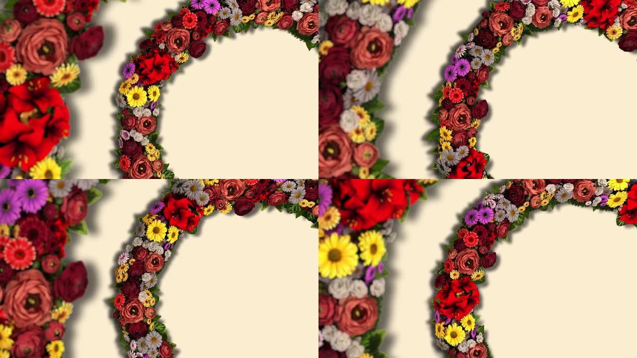 在浅色背景上旋转的花朵环的动画。4k视频循环