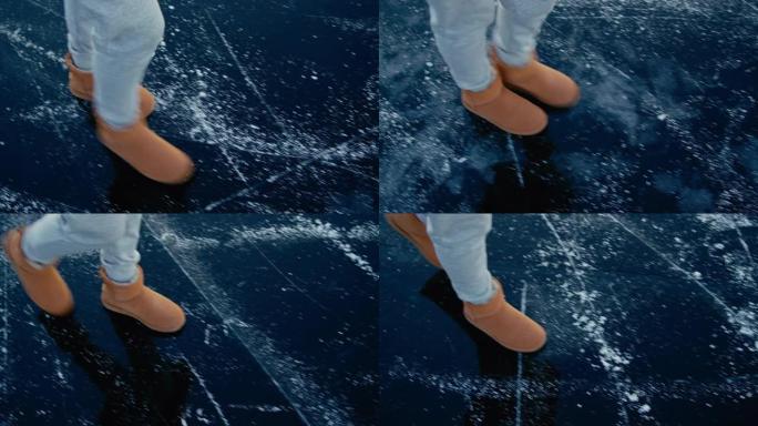 一名穿着毡靴的妇女在冰冻的湖面上行走