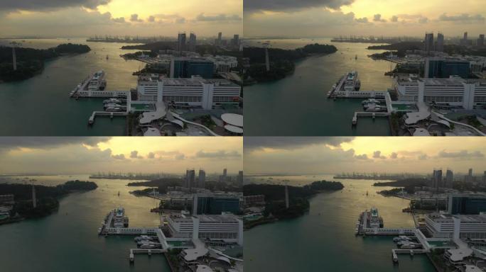 日落天空新加坡著名城市购物中心海湾广场邮轮码头空中全景4k