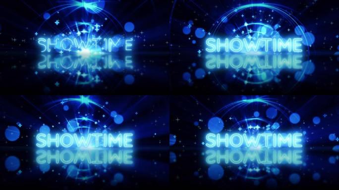 SHOWTIME蓝色霓虹灯文本动画揭示美丽的蓝色bokeh未来光背景，3D渲染Showtime横幅闪