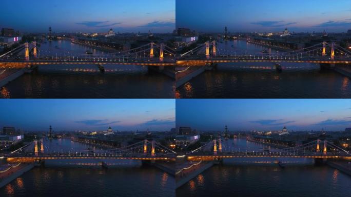 俄罗斯夜灯莫斯科河湾krymsky桥高尔基公园空中全景4k